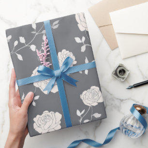 Minimal Soft Grey Rose White Floral Pattern Wrapping Paper
