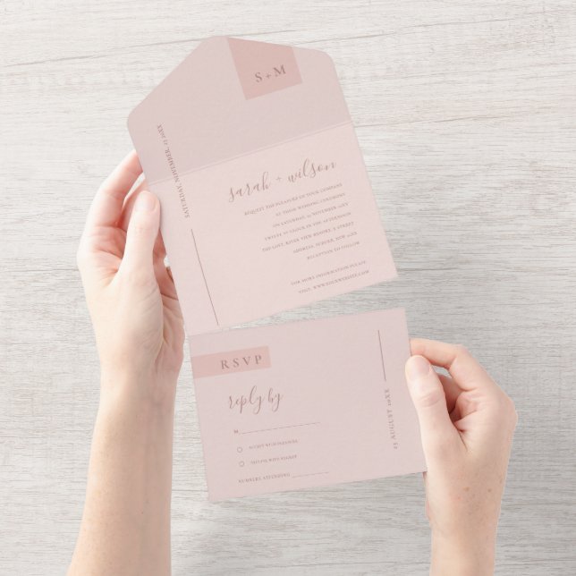 MINIMAL SOFT PASTEL BLUSH DUSKY PINK WEDDING ALL I ALL IN ONE INVITATION (Tearaway)