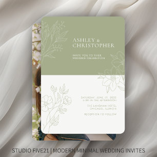 Minimal Soft Sage Foliage Outline Photo Wedding Invitation