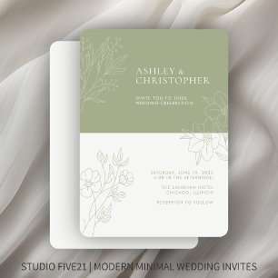 Minimal Soft Sage Foliage Outline Wedding Invitation
