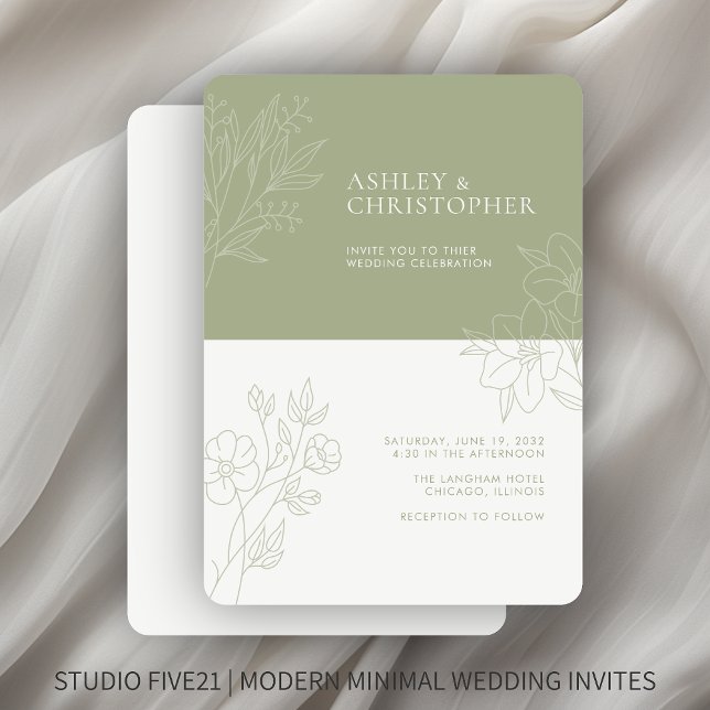 Minimal Soft Sage Foliage Outline Wedding Invitation (Creator Uploaded)