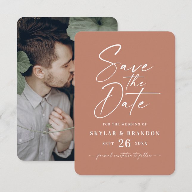 Minimal Solid Clay Terracotta Colour Wedding Save The Date (Front/Back)