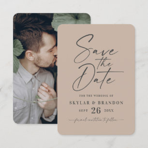 Minimal Solid Taupe Beige Colour Wedding Save The Date
