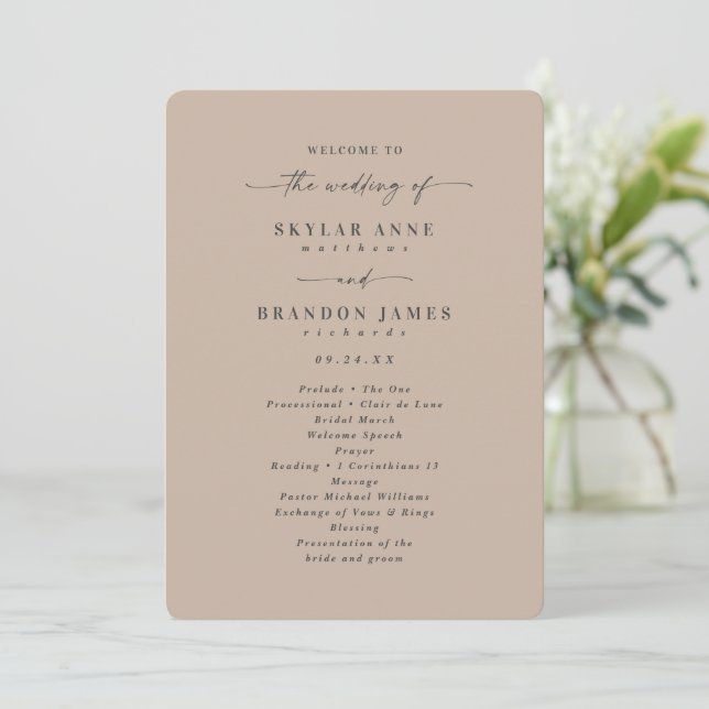 Minimal Solid Taupe Beige Wedding Ceremony Programme (Standing Front)