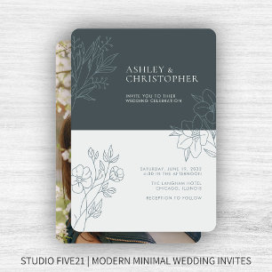 Minimal Space Grey Foliage Outline Photo Wedding Invitation