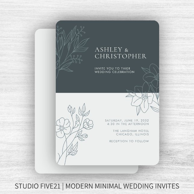 Minimal Space Grey Foliage Outline Wedding Invitation (Creator Uploaded)