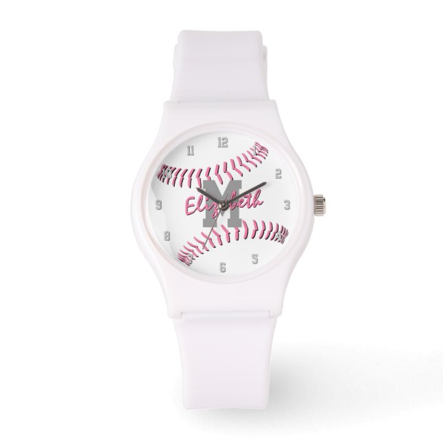 minimal sports pink grey white monogram softball watch (Front)