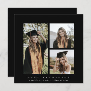 Minimal Square Black Frame Triple Photo Graduation Announcement