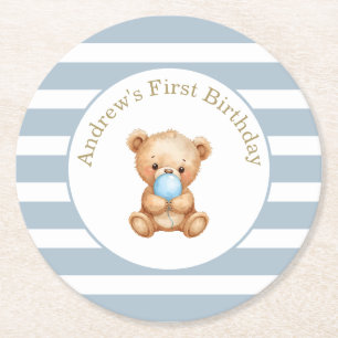 Minimal Stripes Teddy Bear Birthday Paper Coaster