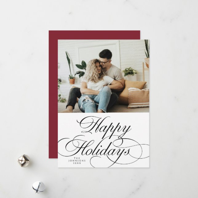Minimal Stylish Photo Elegant Red Photo Christmas  Holiday Card (Front/Back In Situ)