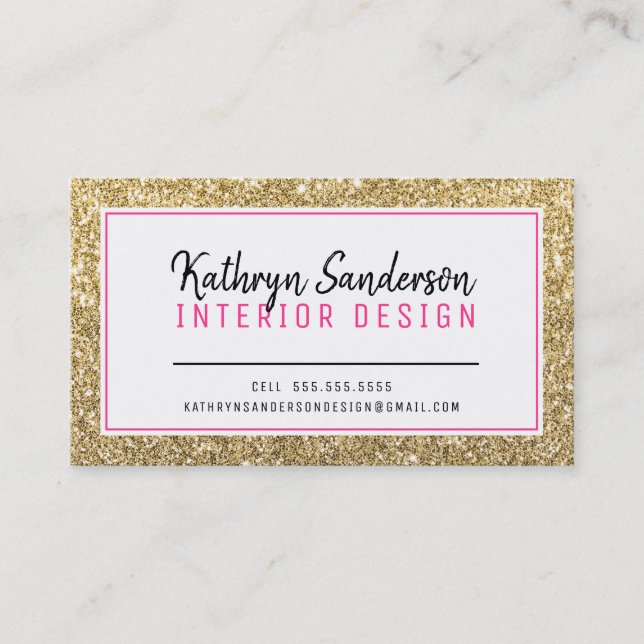 MINIMAL STYLISH plain border hot pink gold glitter Business Card (Front)