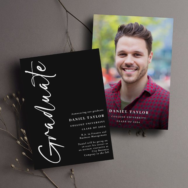 Minimal Stylish Script Photo Black Graduation Announcement (Creator Uploaded)
