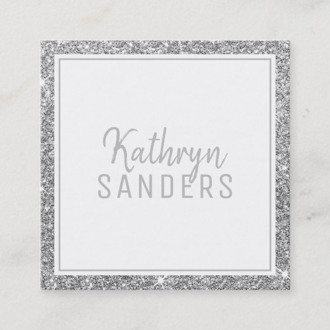 MINIMAL STYLISH simple border silver glitter grey Square Business Card (Front)