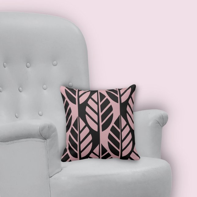 Minimal Stylized Black and Pink Leaves Pattern Cushion (Minimal Stylized Black and Pink Leaves Pattern Throw Pillow)