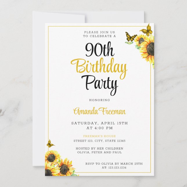 Minimal Sunflower 90th Birthday Invitation (Front)
