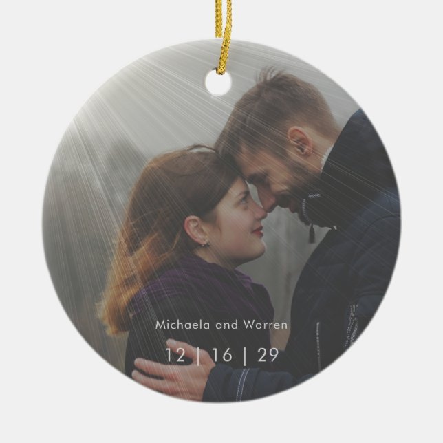 Minimal Sunrays Photo First Christmas Wedding Ceramic Tree Decoration (Front)