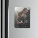 Minimal Sunrays Photo Save the Date Postcard Magnet<br><div class="desc">Announce your big day in style with this modern minimalist save the date magnet—perfect for couples who love elegant simplicity. Featuring your favourite engagement photo as the focal point, the design is enhanced by a subtle transparent sunray overlay, adding a romantic and ethereal touch. The reverse side showcases a soft...</div>