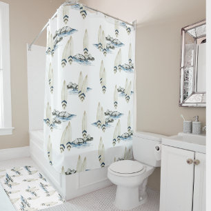 Minimal Surfboard Watercolor Coastal beach vibes Shower Curtain