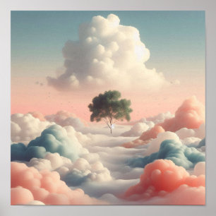 Minimal Surreal Tree Above Soft Pastel Clouds Poster