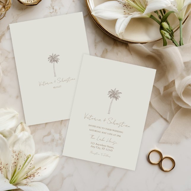 Minimal Taupe Palm Tree Beach Wedding Invitation (Creator Uploaded)