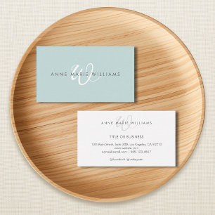 Minimal Teal Green White Script Monogram Business Card