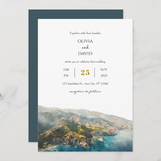 Minimal Teal Ocean Coastal Mountain Beach Wedding  Invitation (Front/Back)