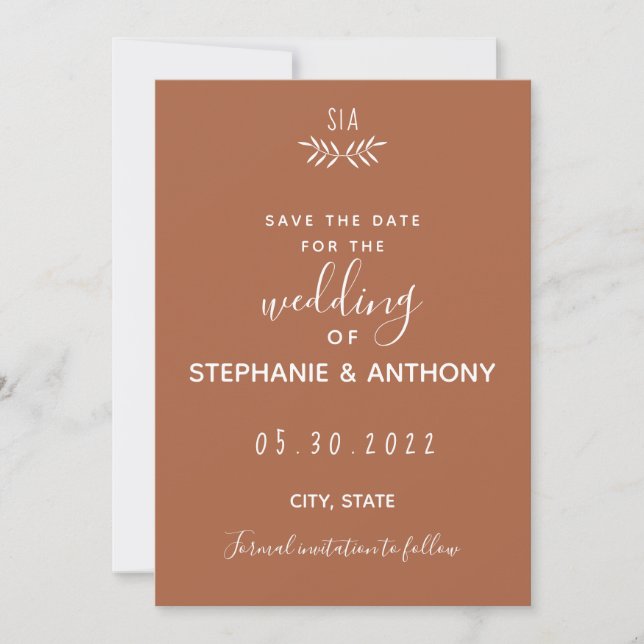 Minimal Terracotta Branch Calligraphy  Wedding   Save The Date (Front)