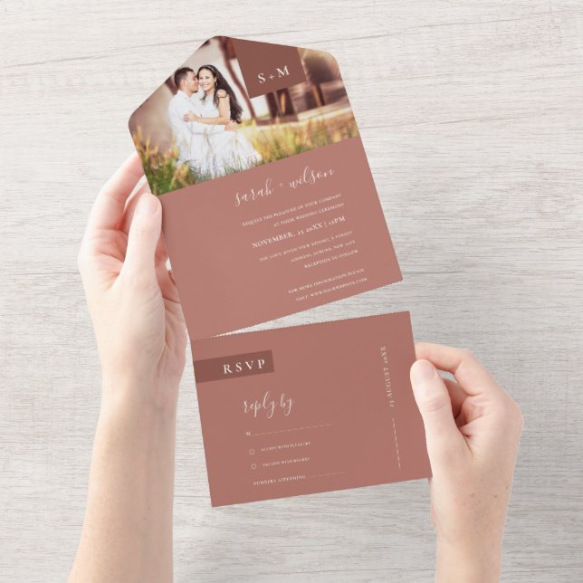 MINIMAL TERRACOTTA RUST MONOGRAM WEDDING PHOTO ALL ALL IN ONE INVITATION (Tearaway)