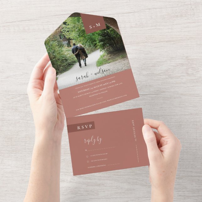 MINIMAL TERRACOTTA RUST MONOGRAM WEDDING PHOTO ALL IN ONE INVITATION (Tearaway)