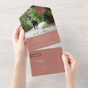 MINIMAL TERRACOTTA RUST MONOGRAM WEDDING PHOTO ALL IN ONE INVITATION
