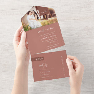 MINIMAL TERRACOTTA RUST MONOGRAM WEDDING PHOTO ALL IN ONE INVITATION
