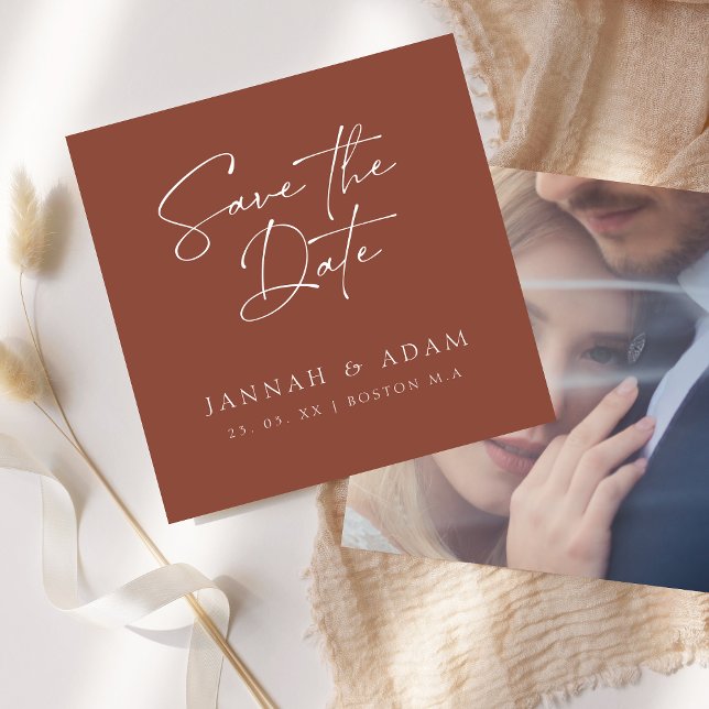 Minimal Terracotta Script Photo Wedding Save The Date (Creator Uploaded)