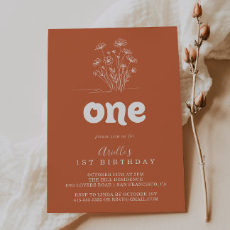 Minimal Terracotta Wildflower First Birthday Party Invitation