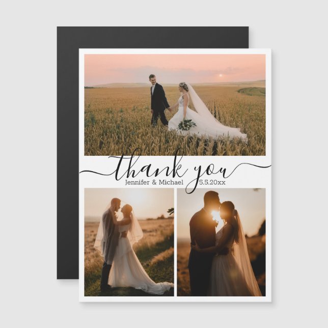 minimal thank you 3 photos collage wedding magnet (Front/Back)