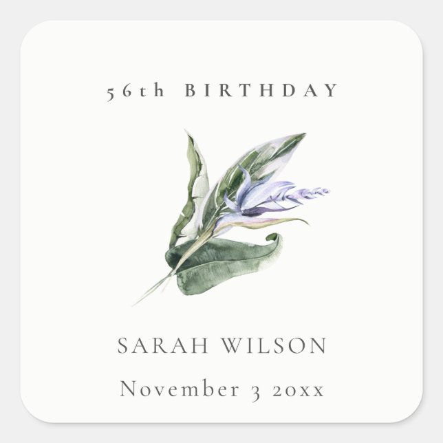 Minimal Tropical Blue Leafy Flora Any Age Birthday Square Sticker (Front)
