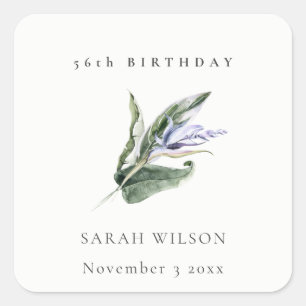 Minimal Tropical Blue Leafy Flora Any Age Birthday Square Sticker
