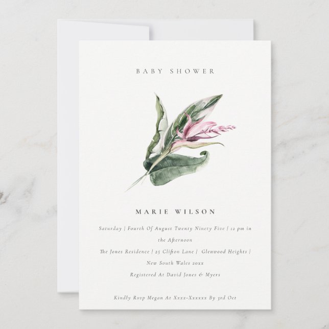 Minimal Tropical Leafy Pink Floral Baby Shower Invitation (Front)