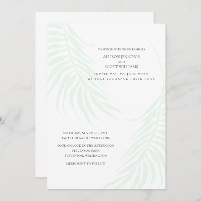 Minimal Tropical Wedding Green and White Chic Invitation (Front/Back)
