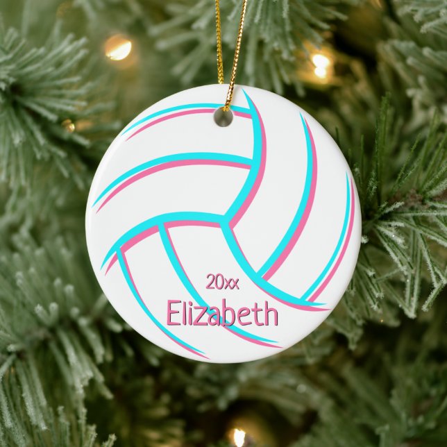 minimal turquoise pink girly keepsake volleyball ceramic tree decoration (Tree)
