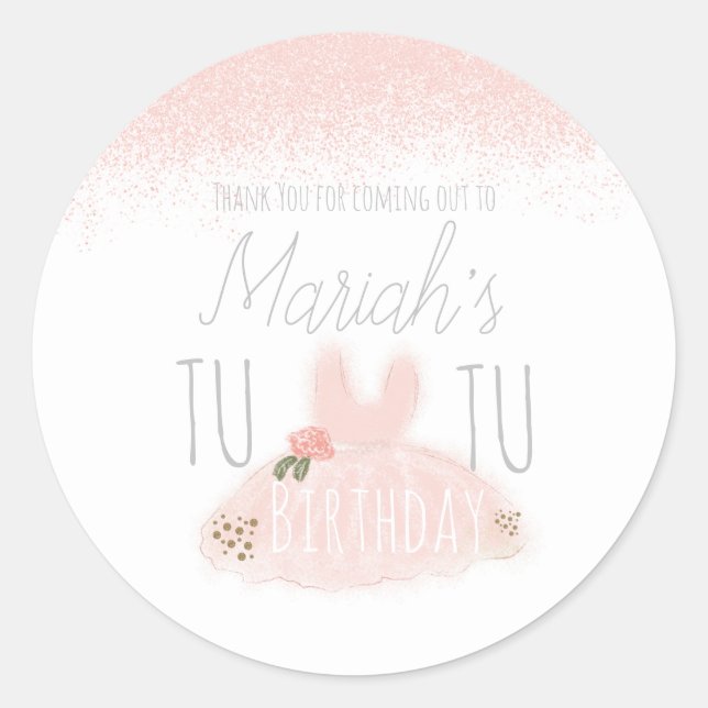 Minimal Tutu Girl's Birthday Turning Two Glitter Classic Round Sticker (Front)