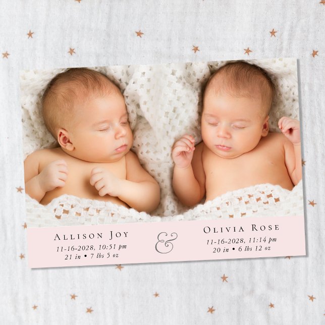 Minimal Twin Baby Girls Photo Collage Announcement (Announce the arrival of your precious twin girls in a way that is as beautiful & unique as they are)