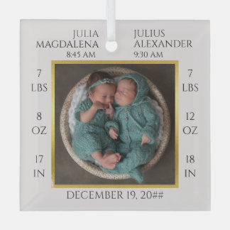Minimal Twin Baby Name Birth Stats Photo Keepsake Glass Tree Decoration