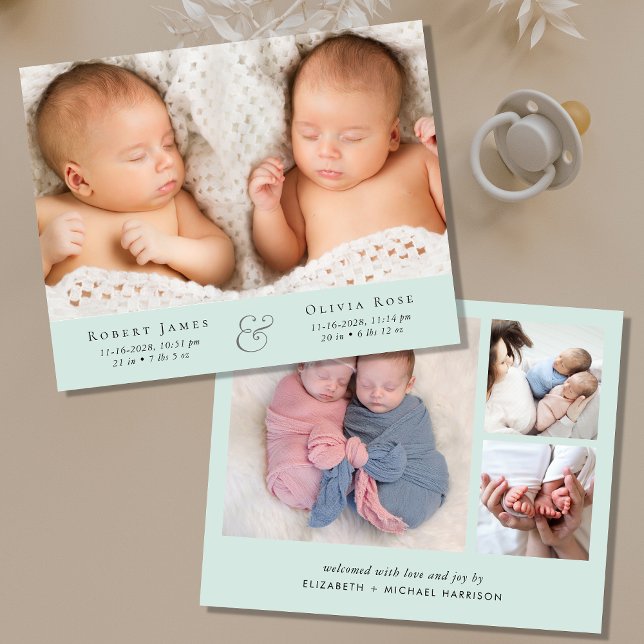 Minimal Twins Photo Mint Green Birth Announcement (Creator Uploaded)