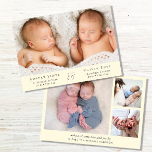 Minimal Twins Photo Yellow Birth Announcement