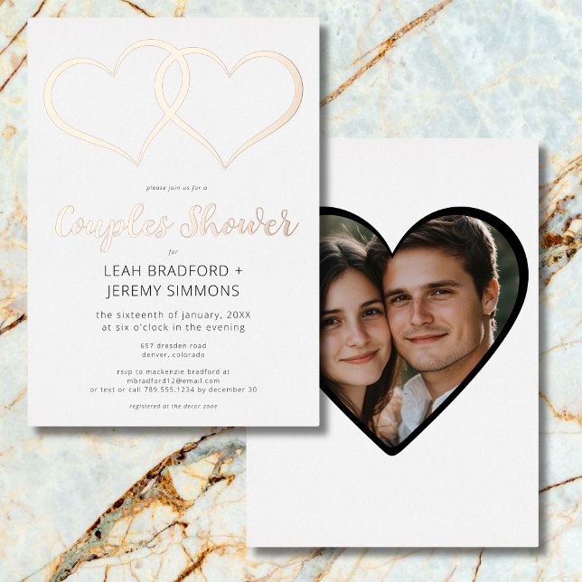Minimal Two Hearts Black White Couple Shower Photo (Minimal Two Hearts Black White Couple Shower Photo Foil Invitation)