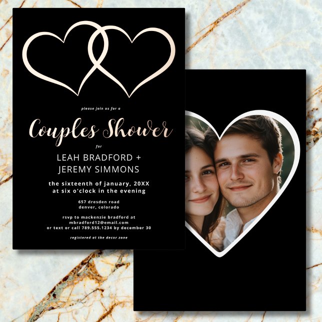 Minimal Two Hearts Black White Couple Shower Photo (Minimal Two Hearts Black White Couple Shower Photo Foil Invitation)