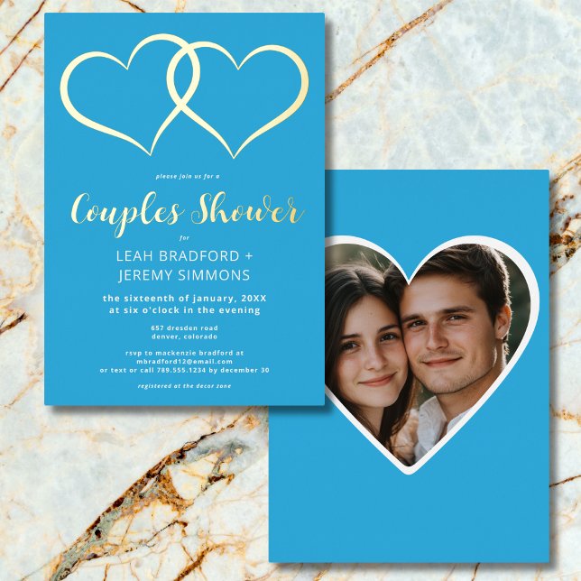 Minimal Two Hearts French Blue Couple Shower Photo (Minimal Two Hearts French Blue Couple Shower Photo Foil Invitation)