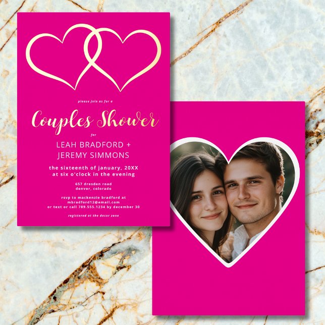 Minimal Two Hearts Hot Pink Couples Shower Photo (Minimal Two Hearts Hot Pink Couples Shower Photo Foil Invitation)