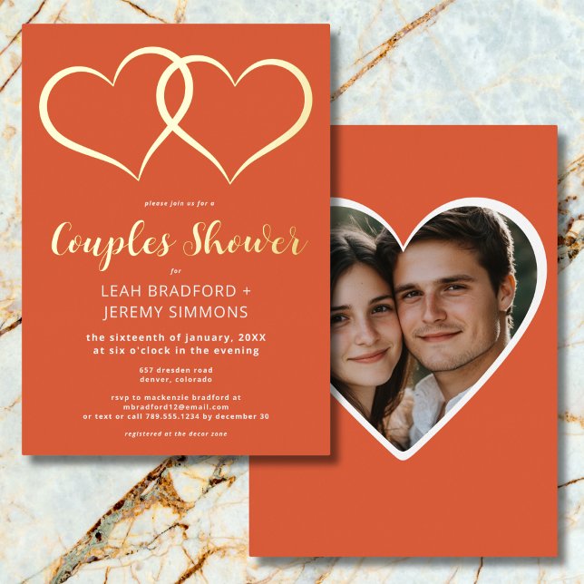 Minimal Two Hearts Orange Couples Shower Photo (Minimal Two Hearts Orange Couples Shower Photo Foil Invitation)