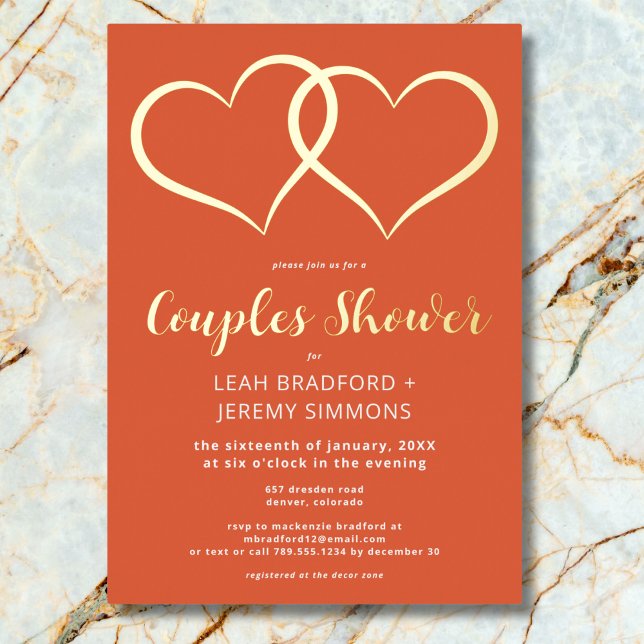 Minimal Two Hearts Sunset Orange Couples Shower (Minimal Two Hearts Sunset Orange Couples Shower Foil Invitation)